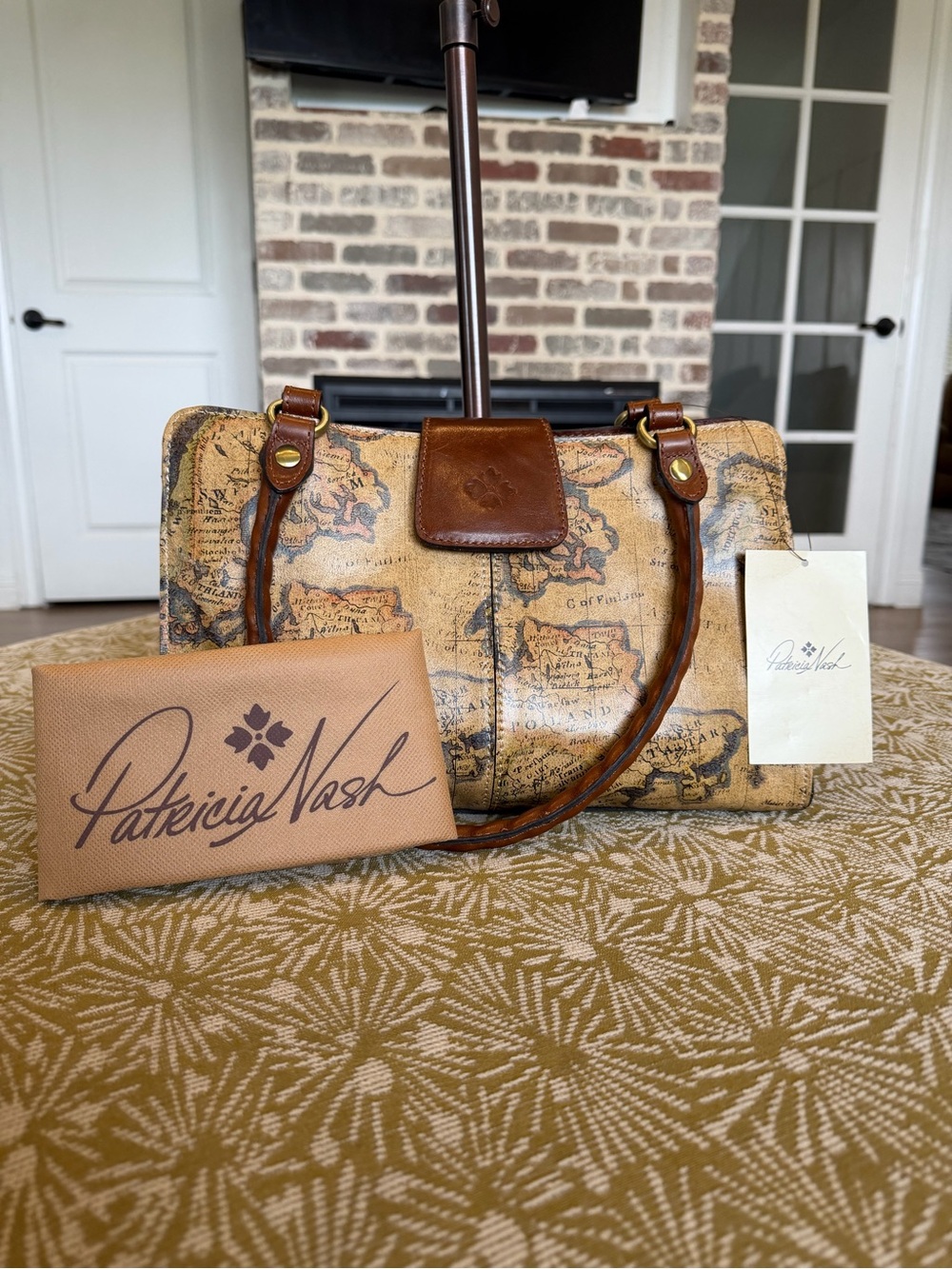 NWT Patricia Nash Map-Print Satchel in Tan and Brown Leather Trim